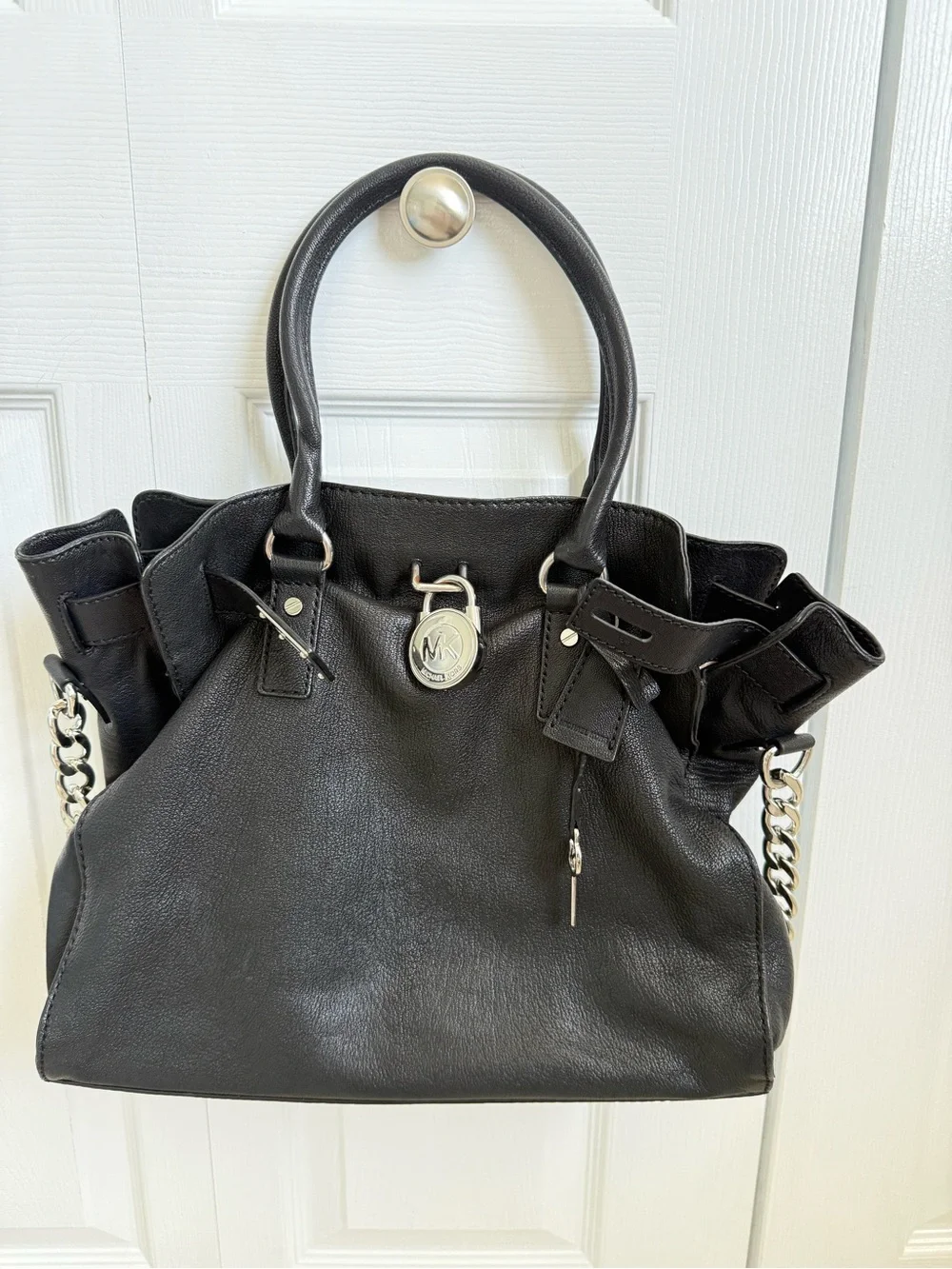 Michael Michael Kors Hamilton Black Leather Satchel | Silver Hardware |